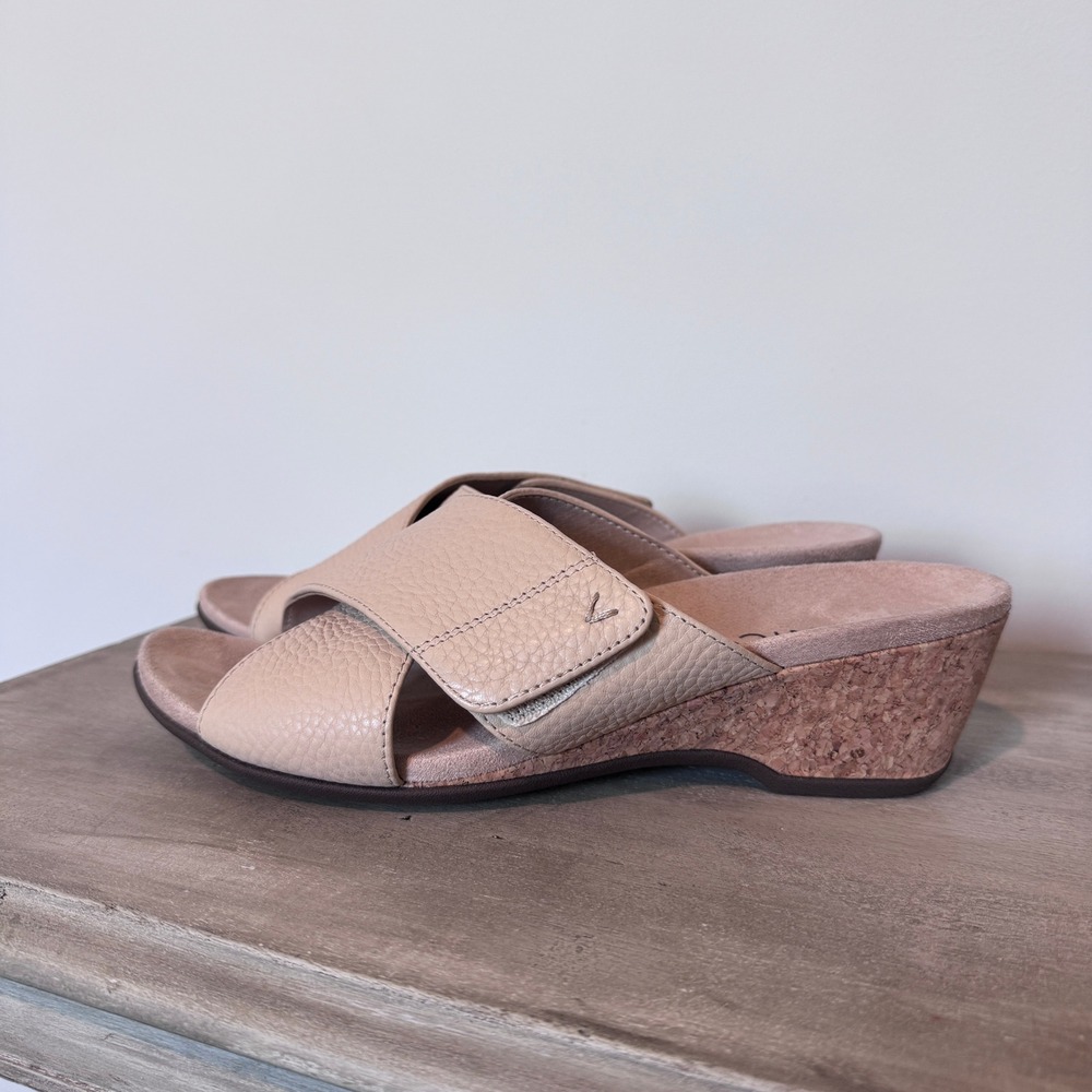 Vionic Leticia wedge slide sandals in a beige cork